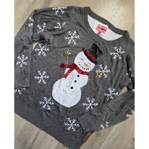 Tipsy Elves womens large gray sequin snowman snowflake holiday christmas sweater